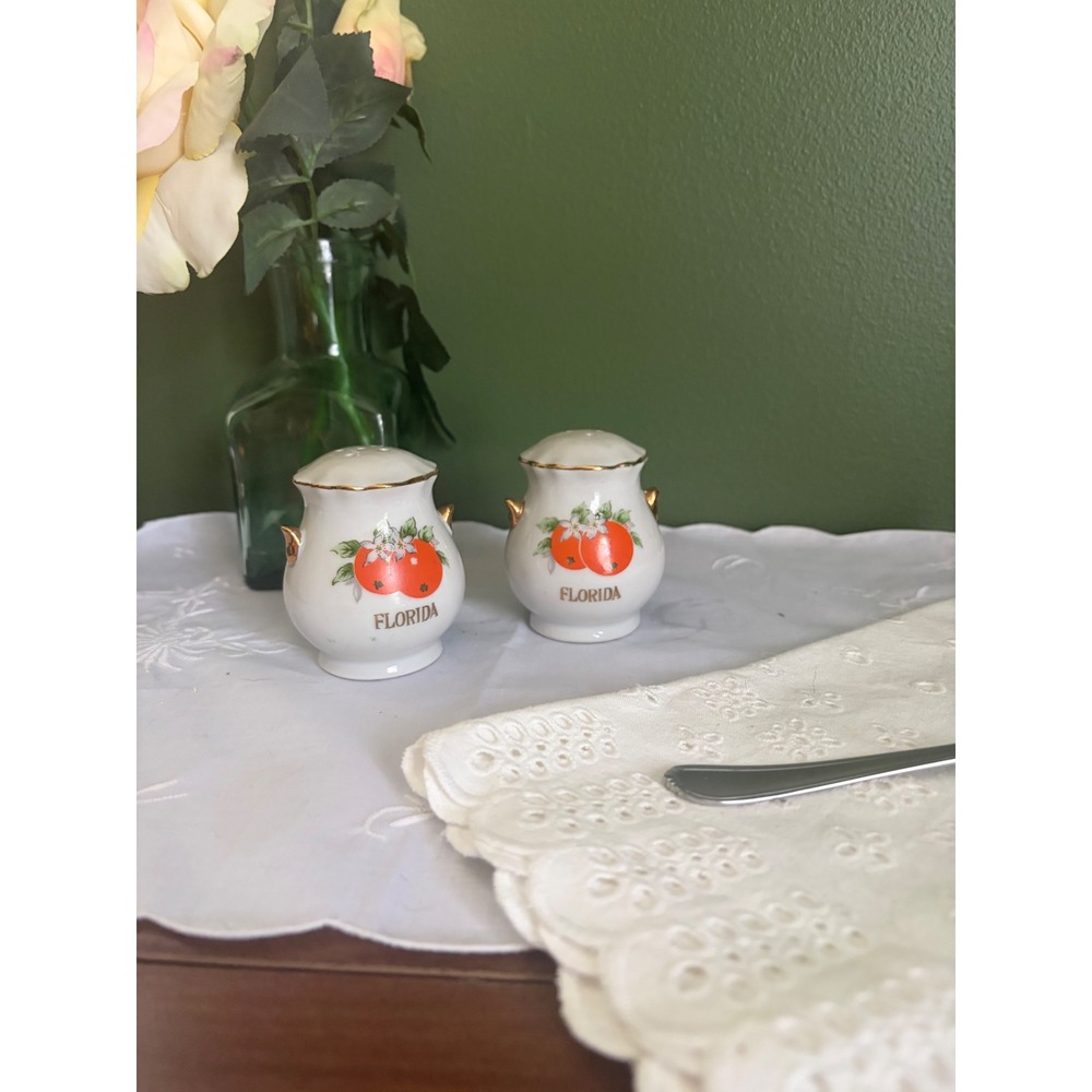 Vintage Florida Orange Souvenir Salt & Pepper Shakers |‎ Gold Trim Citrus